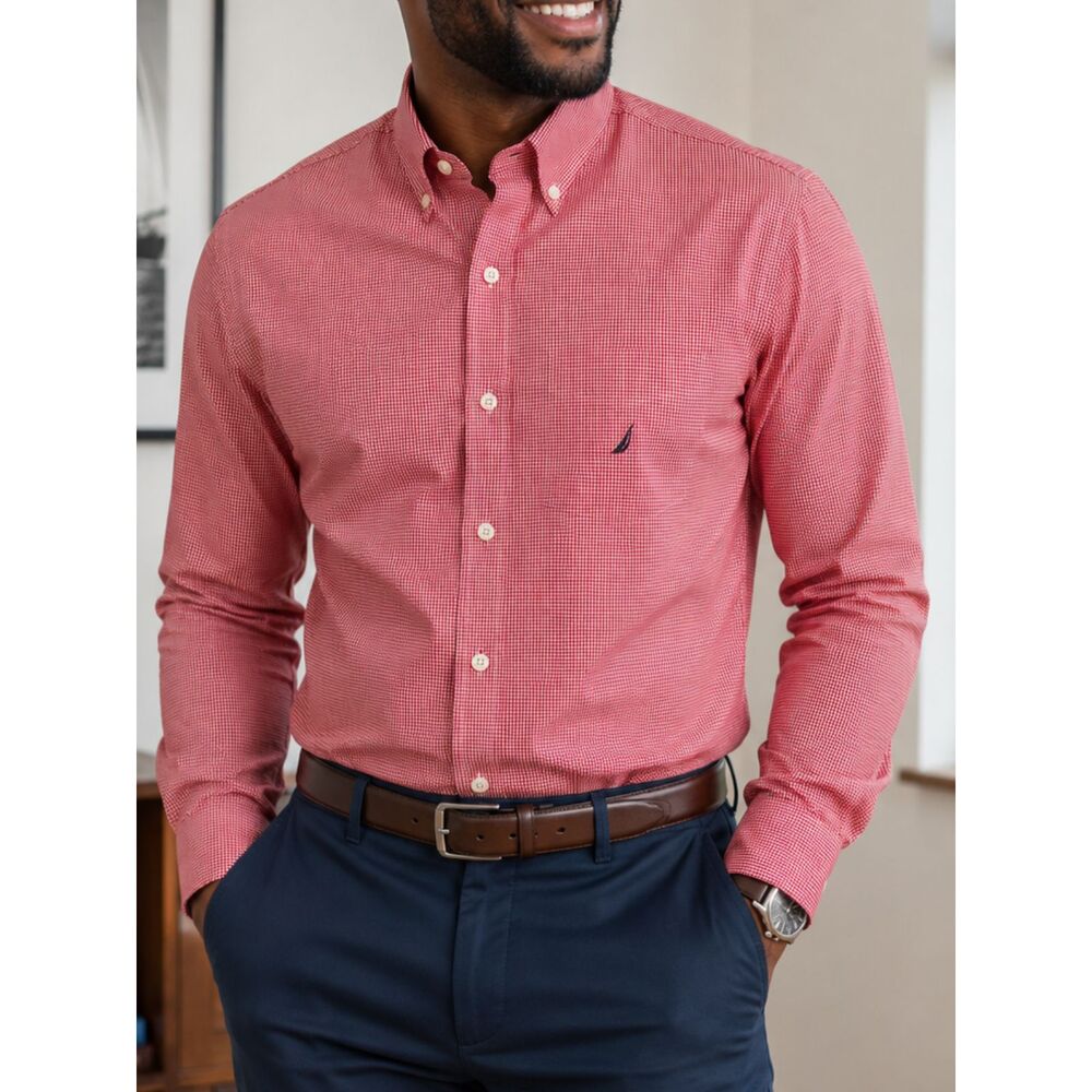 Nautica 80' Two-Ply Cotton Red White Gingham Button Down Shirt Mens Medium
